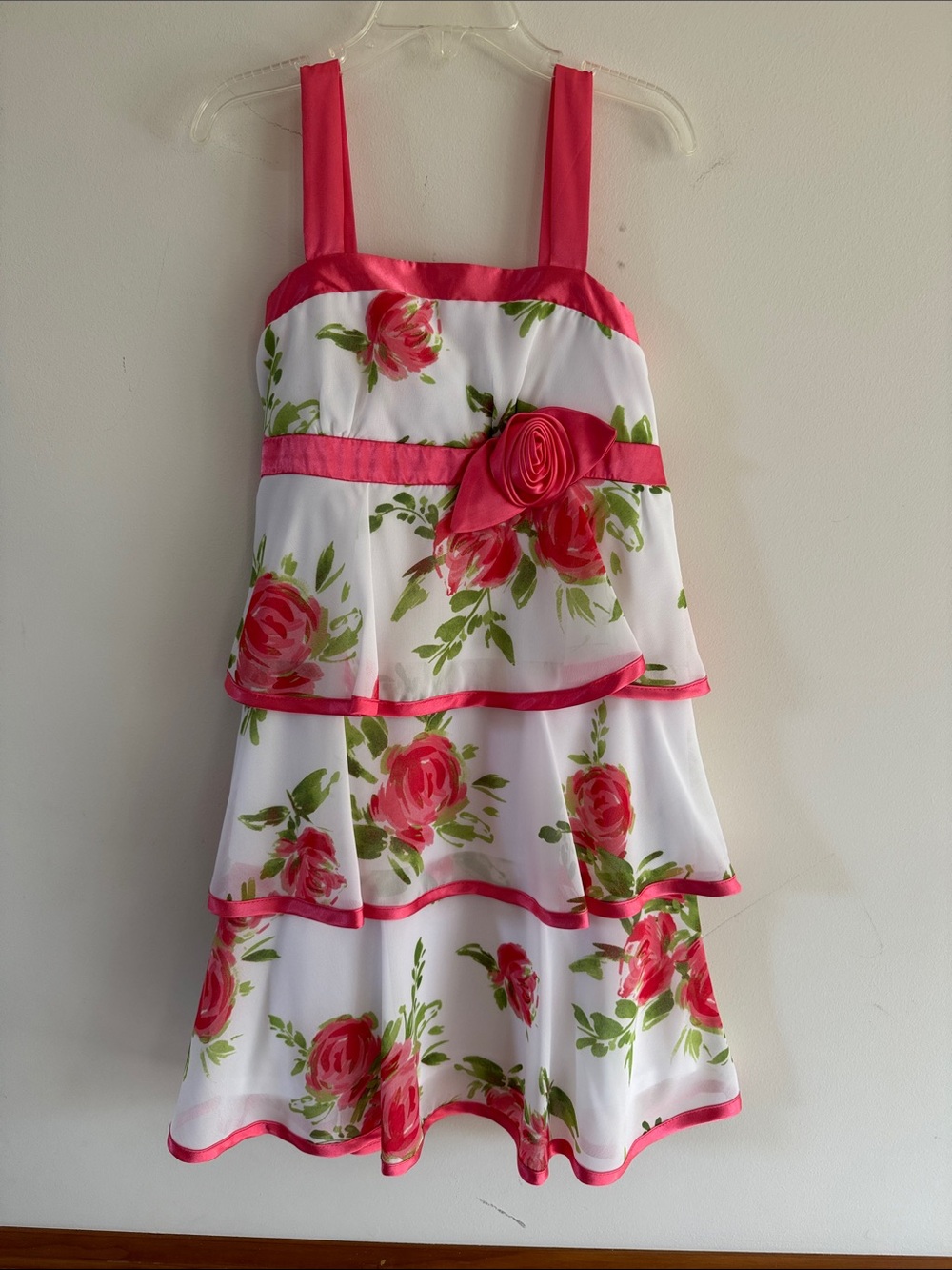 Amy Byer White Floral Print Tiered Dress with Pink Trim Girls Size 8 NWOT